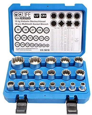 CCLIFE 19tlg 1/2'' XZN Vielzahn Nuss Set Steckschlüssel Satz 8-32mm Nusskasten Stecknuss Nüsse für 6/12-Kant Spline