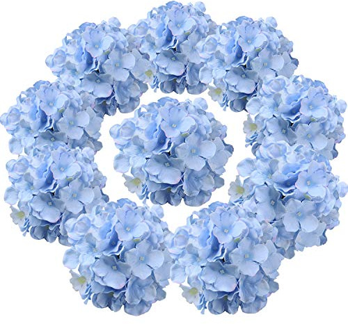 Flojery Silk Hydrangea Heads Artificial Flowers Heads with Stems for Home Wedding Decor,Pack of 10 (Blue)