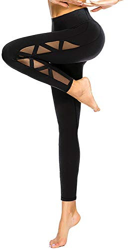 romansong Damen Mesh Leggings Yoga Hose mit Tasche, Nicht durchsichtig, Capri hohe Taille Bauchkontrolle 4-Wege-Stretch - Schwarz - Klein