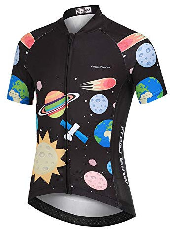LPATTERN Kinder Radsport Bekleidung- Jungen/Mädchen Fahrrad Trikot-Set(Trikot Kurzarm+Kurz Radhose)/Radtrikot Kurzarm/Kurz Fahrradhose mit Sitzpolster,Weltraum auf Schwarz(Trikot),134/140(Tag:L)