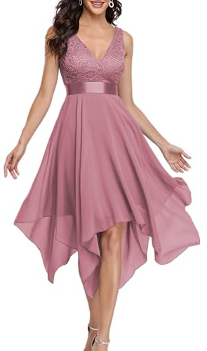 Ever-Pretty Women's Sleeveless V Neck Empire Waist A Line Lace Chiffon Midi Cocktail Evening Dresses with Asymmetry Hem Orchid 14UK