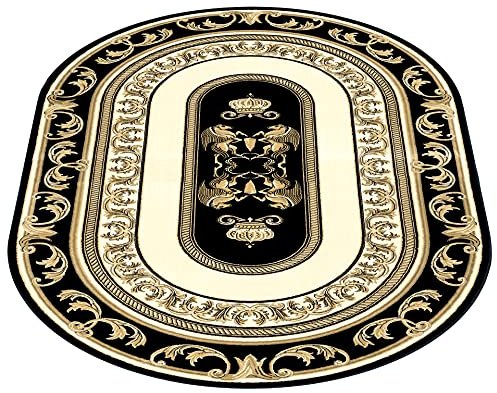 Belle Arti Ovaler Teppich Wohnzimmer Flur Schlafzimmer Wohnzimmerteppich Kurzflor schwarz Gold - Mäander Pegasus Design 100% Viskose Seidenglanz Antirutsch Antiallergisch Ökotex - 152x230 cm, Oval