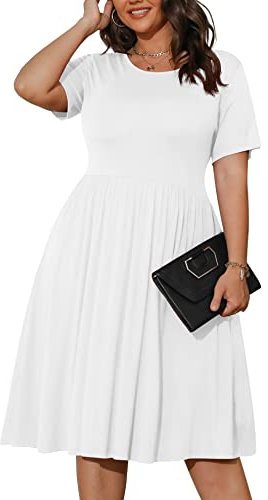 POSESHE Damen Plus Size Sommerkleider Lässige Kurzarmkleider T-Shirt-Kleider mit Taschen,Weiß,2XL