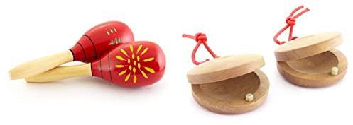 TIGER ‎MAR6-RD Decorated Wooden Maracas - Red - One Pair & CAS14-NT Wooden Castanets - Finger Clackers Clappers - Two pairs (4 shells)