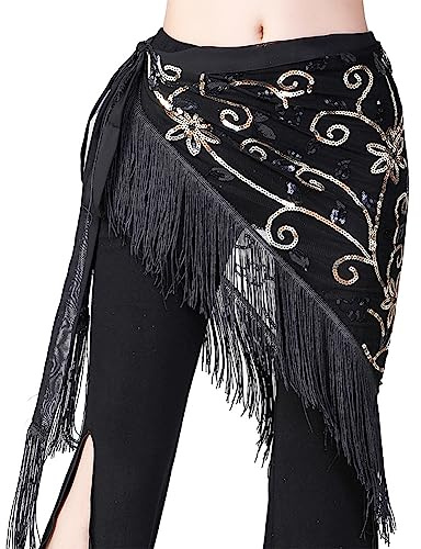 Women Belly Dance Hip Scarf Triangle Belt Skirt with Fringe (Black)