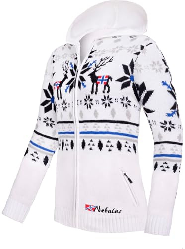 Nebulus Chaqueta Normax para mujer, con capucha, elegante jersey de estilo noruego, Blanco, M