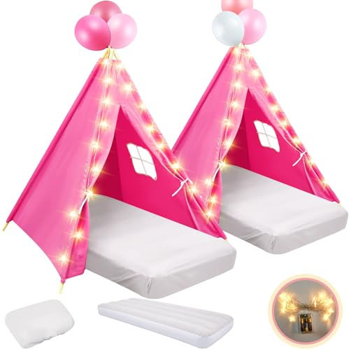 Lemosae 2 Pack Kids Teepee Tent with Mattress,Fitted Sheet,Light String,Washable Natural Cotton Toddler Play Tent for Girls Boys Indoor Outdoor Sleepover Slumber Birthday Party(Rose Red)