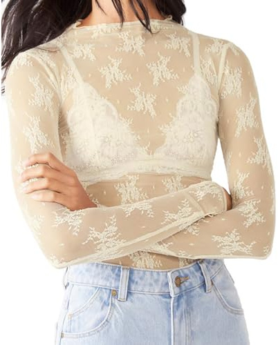 Caziffer T-Shirt Transparent en Dentelle à Manches Longues pour Femme Haut Femme Chic et Élégant Tee Shirt à Col Montant pour Femme