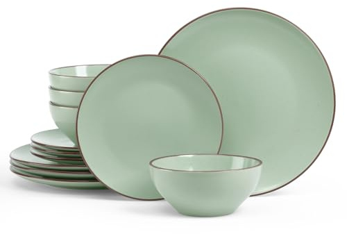 Famiware Venus Plates and Bowls Sets, 12 Pieces Stoneware Speckled Dishes Dinnerware Set for 4, Light Green - Microwave & Dishwasher Safe, Modern Minimalist, for Everyday Meals & Formal Dining
