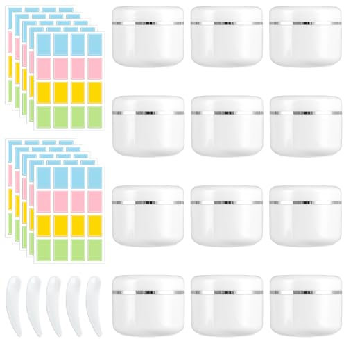 Omevett 12pcs 50ml Cosmetic Sample Jars with Lids & Inner Liners,Refillable Travel Pots for Toiletries,Creams,Makeup,Nail Art Includes 5 Spatulas& 10 Labels,Plastic White Travel Containers