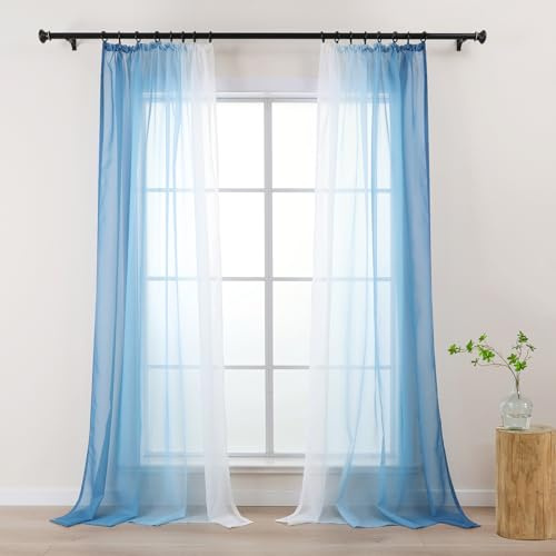 L.Z.E Cortinas de Color Degradado con Cinta fruncidora, Cortina Azul y Blanca para salón, niños, niñas, Dormitorio, Ventana, Transparente, Juego de 2 Unidades, 140 x 145 cm Cortas (LZE2220T-BL145)
