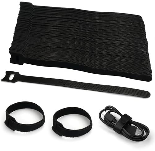 Rairsky 100 bridas de velcro, 200 mm x 12 mm, nailon, negro, reutilizables, para casa, oficina, jardín, cable