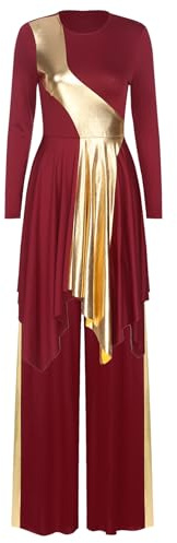 Winnrchan Women Metallic Praise Dance Outfit Worship Dance Costume Liturgical Lyrical Dance Dress with Pants Burgundy Large