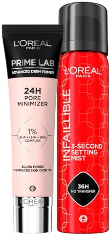 L'Oréal Paris Prime Lab Primer Fixiermittel 24h Pore Minimizer Base Make-up für ebenmäßige Haut 30 ml + Infaillible 3-Second Setting Mist Fixierspray für Gesichts-Make-up 36H wasserdicht 75 ml