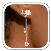 HARJJME Blommor örhängen guld silver 925 hängande kvinnor 14K guldpläterade långa örhängen pärlor hängande allergivänliga öglor plugg smycken gåvor för kvinnor förlovning bröllop