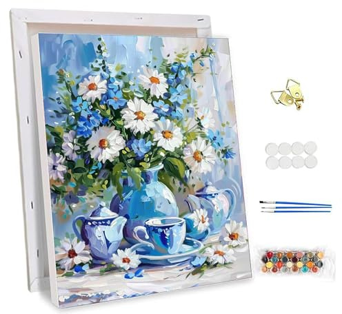 NEWENMO Margaritas Azules y Blancas Pintar por Numeros Adultos con Marco,Hermosas Flores Pintura por Numeros Kit,Pintura al 脫leo Kit,DIY Paint by Numbers Adult,para Decoraciones del Hogar 30x40cm