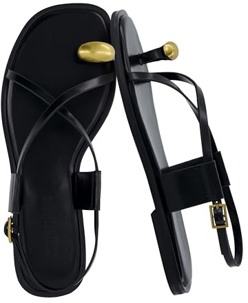 CUSHIONAIRE Corfu Flat Sandals for Women 2025 – Strappy Design with Toe Loop and Adjustable Ankle Strap – Lightweight Summer Dress Sandal, BLACK 10W