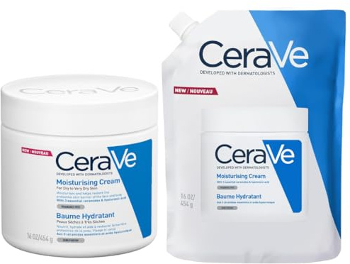 CeraVe Feuchtigkeitscreme mit Nachfüllung - Mit Hyaluronsäure & 3 essentiellen Ceramiden - Reichhaltige Hydratation für trockenes bis sehr trockenes, empfindliches Gesicht & Körper (454g Glas + 454g
