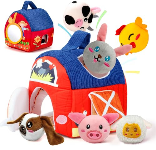 ZQEJEFD Jouet Bébé 6 Mois Ferme Montessori en Tissu avec 6 Animaux à Hochet & Miroir – Jouet Sensoriel d’Éveil 6–12 Mois, Peluche Activité Bébé Garçon Fille, Cadeau 1–3 Ans, Anniversaire & Noël