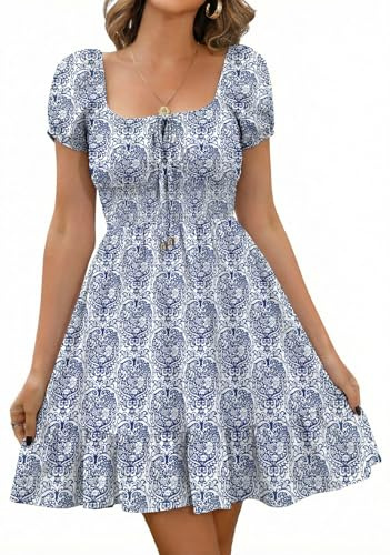 Livonmone Womens Summer Casual Sweetheart Neckline Puff Sleeve Floral Print High Waist Dress Boho Beach Mini Short Dresses