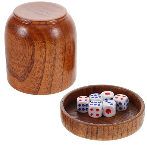 GARVALON Juego de Dados y Vaso de Madera Maciza con Tapa 6 Piezas para Bares y Karaoke Agitador Ergonómico para Juegos de Mesa y Entretenimiento en Fiestas