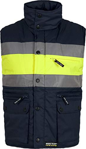 WORKTEAM Chaleco Acolchado Alta Visibilidad Oxford, Multibolsillos con Cremalleras, Cintas reflectantes Reflectante, EPI Cat II Unisex Marino+Amarillo A.V-S