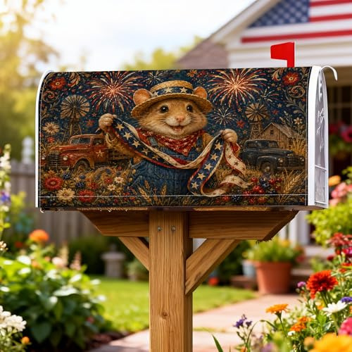 Copertura magnetica per cassetta postale con orso, bandiera rustica patriottica con fuochi d'artificio estivi, copertura per cassetta della posta, decorazione per giardino e patio, 53 x 64 cm