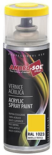AMBRO-SOL - Pintura acrílica en spray, color Amarillo Tráfico, RAL 1023, resultado profesional en múltiples superficies, exteriores e interiores, 400 ml