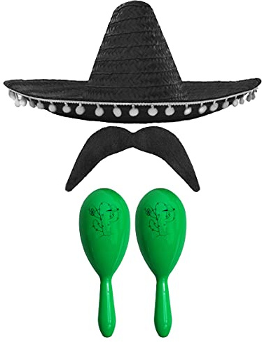 MEXIKANSK FANCY TRÄDSTILLBEHÖR SET - MEXIKAN SOMBRERO MED MARACAS och TASH - Perfekt för XIKANSKA FANCY DRESS KLASTOR KLÄNNINGSOMBRERO + 2 X GRÖN MARACAS)