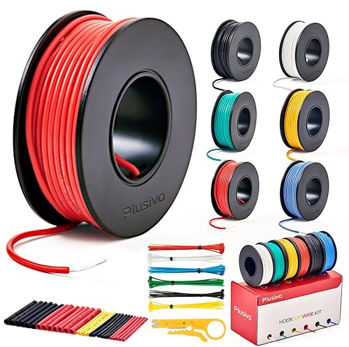 22 AWG Stranded Wire Kit â Silicone Coated Copper Wires 22 Gauge Pre-Tinned 23ft/7m Each Spool, 6 Colors (Black, Red, Yellow, Green, Blue, White), Electrical Jumper Wire Hook Up Wire Kit from Plusivo