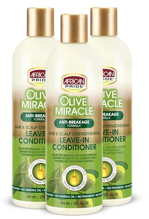 African Pride Olive Miracle Leave-In Conditioner (3 Pack) enriched with olive oil and tea tree to seal in moisture and prevent breakage. 12oz.