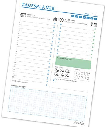 Tagesplaner Block mit 50 Blatt A4, mit Zeitplan, To-Do Liste inkl. Priorisierung, Notizblock und Erinnerungshilfe für Trinken und Pausen, dein Alltagshelfer für mehr Produktivität 2025 (blau)