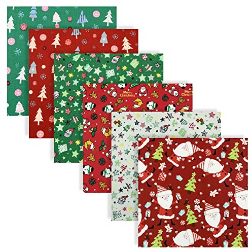 UOOOM Lot de 6pcs Noël Tissu en Coton 50 x 50 cm Patchwork Coton Tissus DIY Fait à la Main en Tissu à Coudre Quilting Designs Différents (Rouge Vert, 50x50cm-Lot de 6)