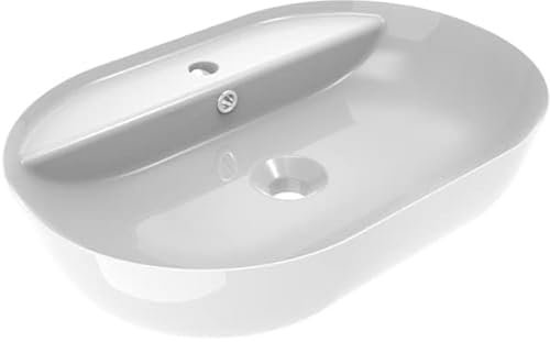 ERCOS Ovales Aufsatzwaschbecken aus Keramik, Badwaschbecken Weiß glänzend mit integriertem Überlauf, Maße 616X415 MM