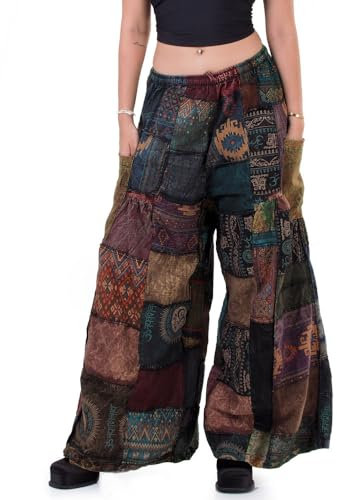 PRINCESS OF ASIA Bunte Vintage Patchwork Jeans Hippie Schlaghose Palazzo 70er Hose für Damen & Herren (DE/NL/SE/PL, Alphanumerisch, M, L, Regular, Regular, Schwarz)