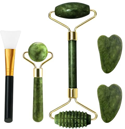 Gua Sha Stein&Gesichtsroller Set Natürliche Jade Roller&Rosenquarz Roller für strahlenden Teint Face Roller zur Verbesserung der Hautelastizität,Reduzierung von Falten und Aufhellung der Hautfarbe
