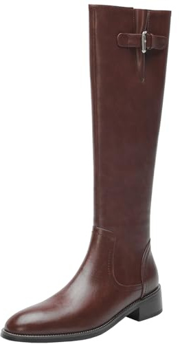 CHICMARK Botas altas de piel de vacuno para mujer, con puntera redonda y cremallera y tacones gruesos, 2 tipos de circunferencia de caña, Marrón Eje Ancho, 39 EU