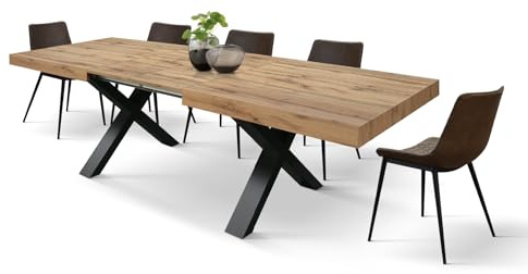 PAZZO DESIGN Table extensible Marco, table salon, cuisine, pieds croisés x noirs, fabriquée en Italie, chêne rustique, 180 x 90 x 76 cm - id_1998
