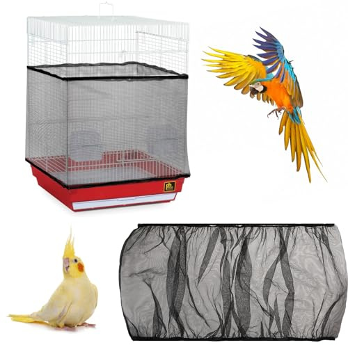 Trinkrittey Adjustable Bird Cage Seed Catcher Net Cover Elastic Band Mesh Cover Black for Parrot Cages
