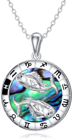 Collana Segno Zodiacale Pesci, Collana con ciondolo in conchiglia di abalone con oroscopo in argento sterling 925, Astrologia Costellazione Compleanno Gioielli Regali per Donne Ragazze