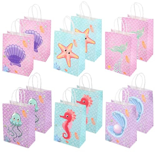 GHVACZS 12 Pièces Sac Anniversaire, Sac Cadeau Anniversaire Thème Sirène, 6 Styles Sac Cadeau, Convient aux Fournitures de Décoration de Fête d'Anniversaire