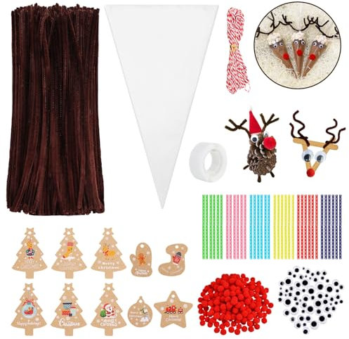 650 Stück Pfeifenputzer zum Basteln, 100 Stück Süßigkeiten Tüten Transparent, Chenilledraht Pfeifenreiniger Braun zum Basteln mit Rot Pompons Kulleraugen Pfeifenputzer für Kinder Weihnachten Rentier