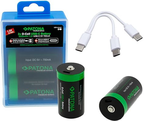 PATONA 2X Premium Batería LR20 Mono D USB-C 6.0Wh 1.5V Battery Recargables, Cable de Carga USB-C 1-a-2, más de 1.000 ciclos de Carga, para cámaras, Controles remotos, linternas y más