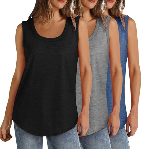 3 Pack Vest Tops Women UK Loose Fit Sleeveless Tank Tops Cotton T Shirt Cotton Tops Ladies Scoop Neck Tops Loose Fit Curve Hem T Shirt Casual Tee Shirts Ladies Swing Tank Tops UK Size 8-22