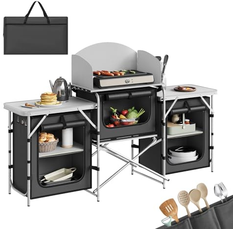 WOLTU Vikbart campingkök, hopfällbart picknickbord med hyllor, bänkskiva, vindskydd, bärväska för camping, picknick, aluminium + MDF, mörkgrå