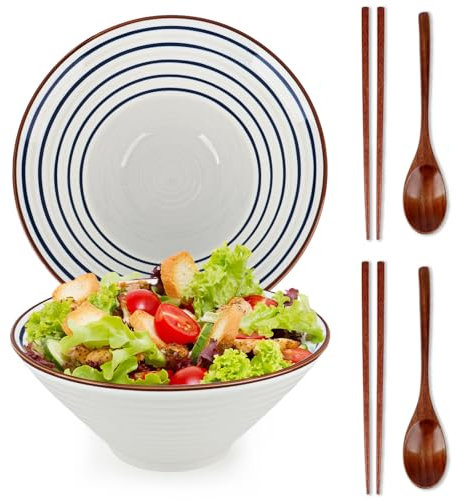 Juego de 2 cuencos de cerámica para ramen, 1200 ml, cuencos japoneses para ramen con palillos, cucharas, cuencos grandes de fideos para frutas, ensalada, pasta, cereales, sopa, arroz, apto para
