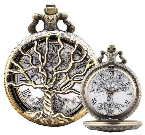 DerMacht Pocket Watch Hollow Tree Design Roman Numerals Quartz with Chain (Bronze)