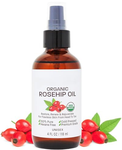 4 Oz ORGANIC Rosehip Seed Oil - 100% Pure Cold Pressed USDA Certified Anti-Aging Treatment - Vitamin A & C Rich - Helps Fade Appearance of Scars & Stretch Marks - For Face, Hair & Body