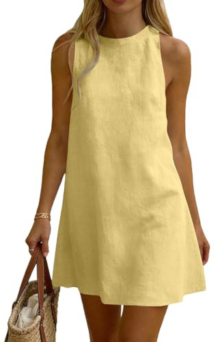 Womens Summer Dresses Round Neck Sleeveless Dress with Back Buttons A-Line Mini Sundress Ladies Dresses Cotton Linen Dress Beach Holiday Vacation Outfits Casual Short Wear Clothes