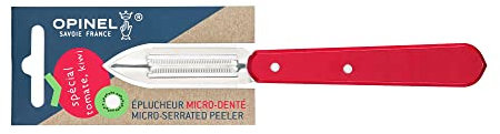 Opinel - Pelapatate per Frutta e Verdura - Lama Microseghettata di 6 cm in Acciaio Inossidabile, Manico in Carpino - Pelapatate per Verdure, Pomodori, Kiwi - Taglio Facile - Rosso